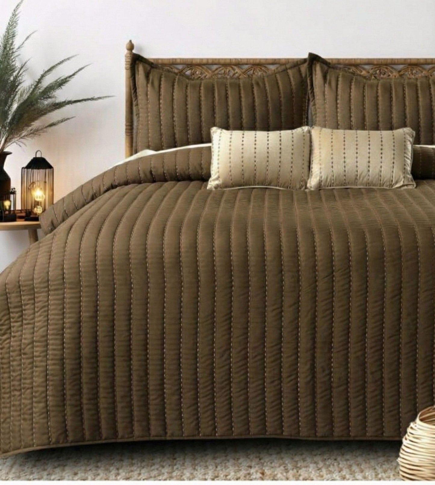 Luna 5-Piece Quilted & Embroidered Bedcover Ensemble - Chocolate Brown
