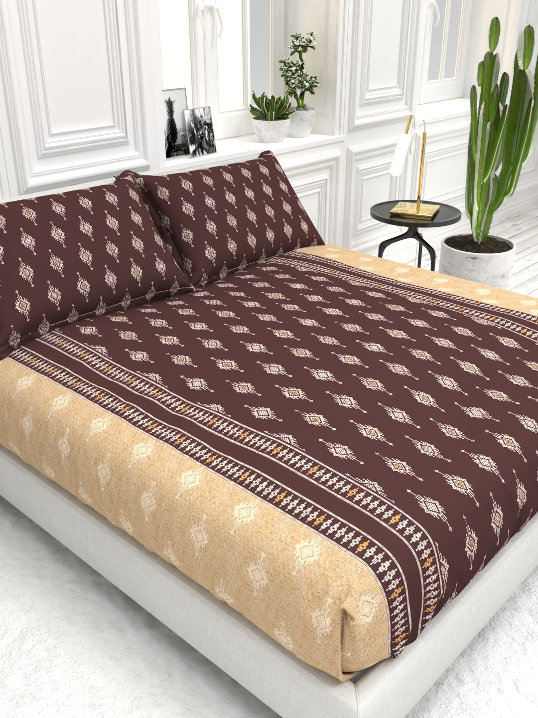 Bruno King Size Reactive Satin Bedsheet Set - Brown