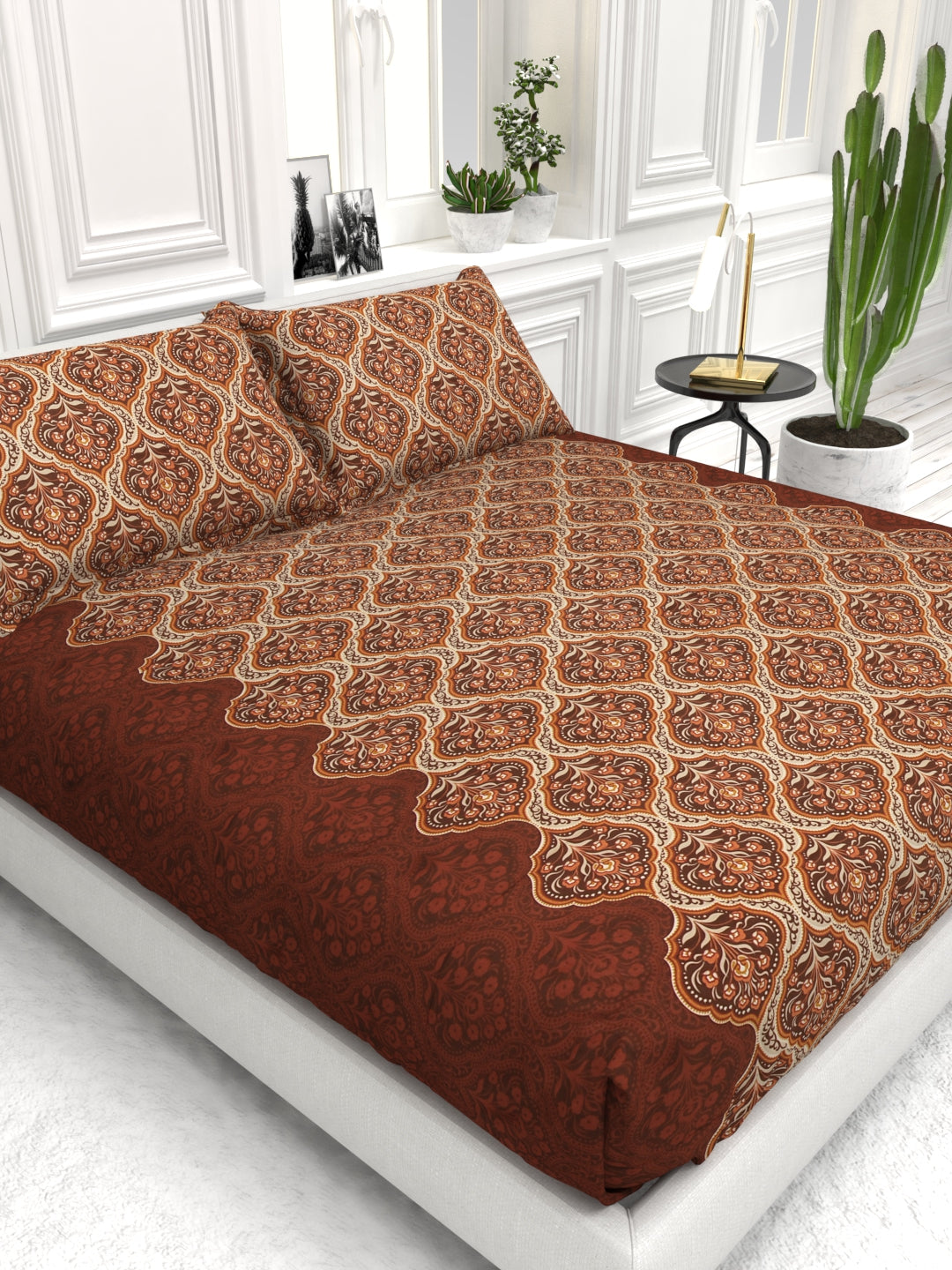 Bruno King Size Reactive Satin Bedsheet Set - Mahogany