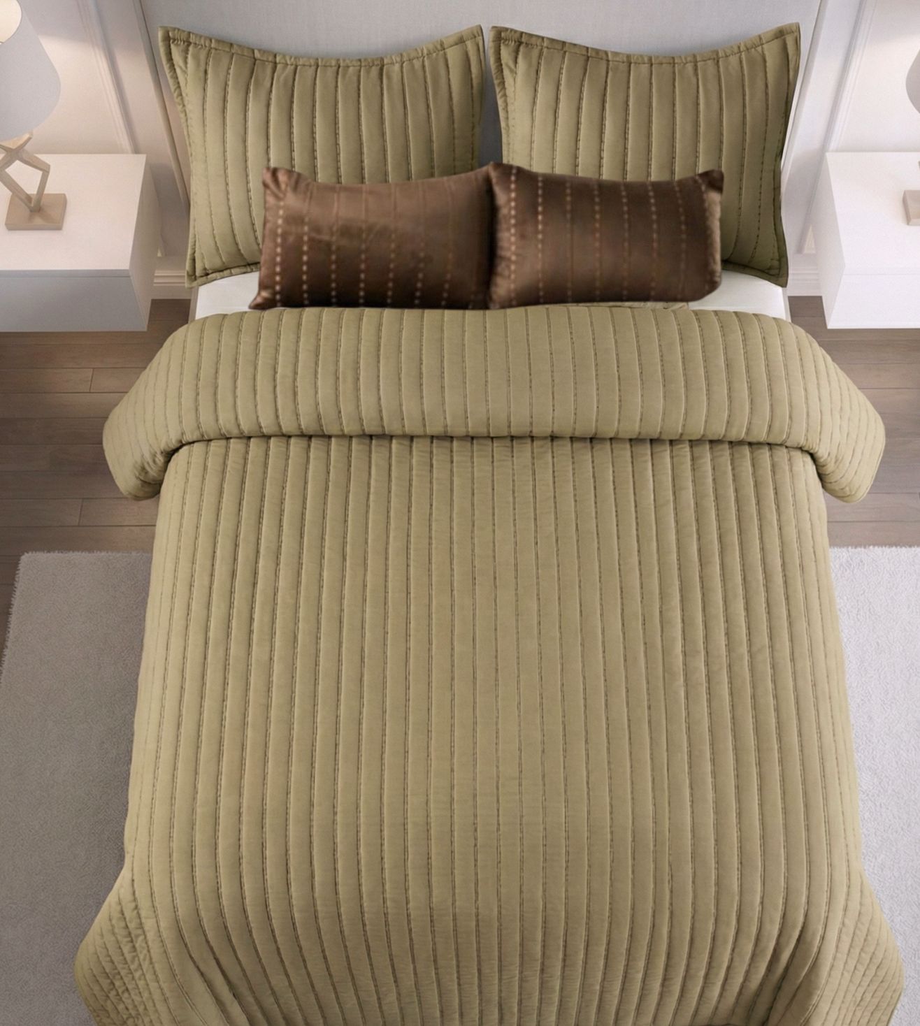 Luna 5-Piece Quilted & Embroidered Bedcover Ensemble - Olive