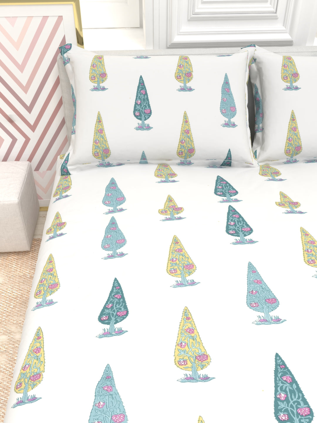 Orchid King Size Percale Bedsheet Set - White & Blue