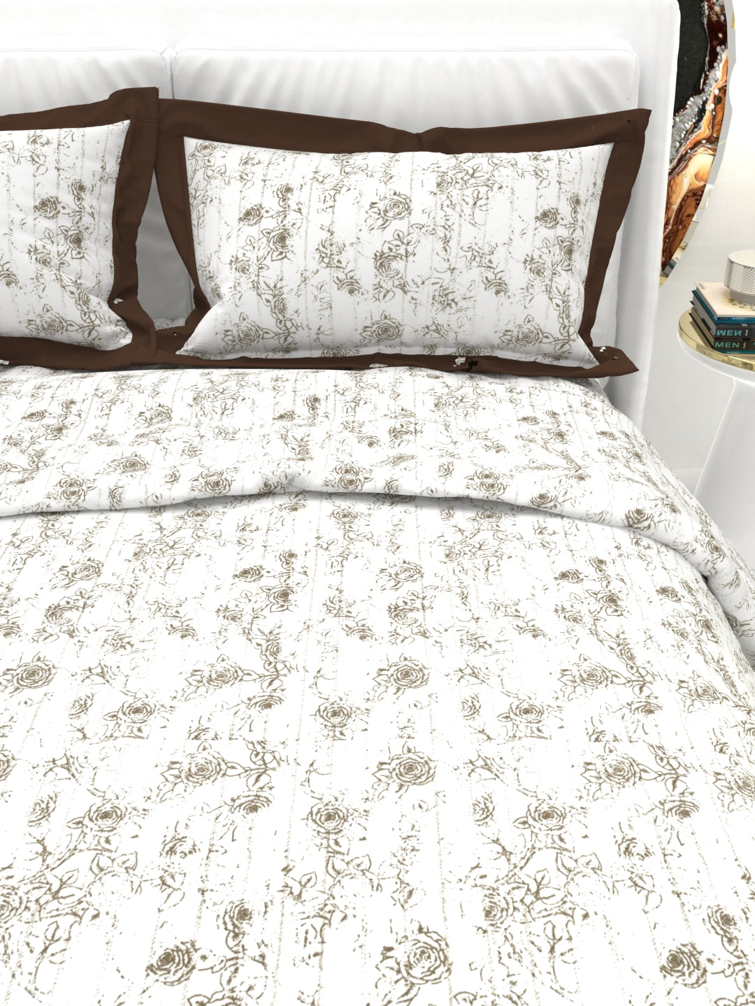 Carnation King Size Bedsheet Set with Contrast Border - White  & Brown