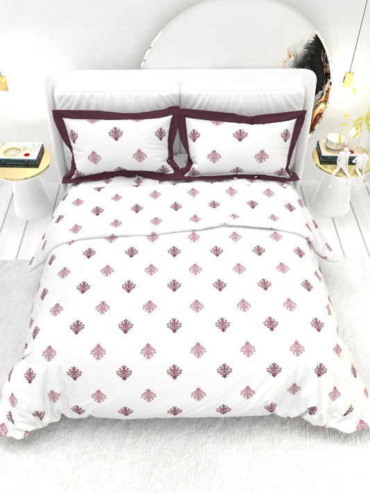 Carnation King Size Bedsheet Set with Contrast Border - White & Wine