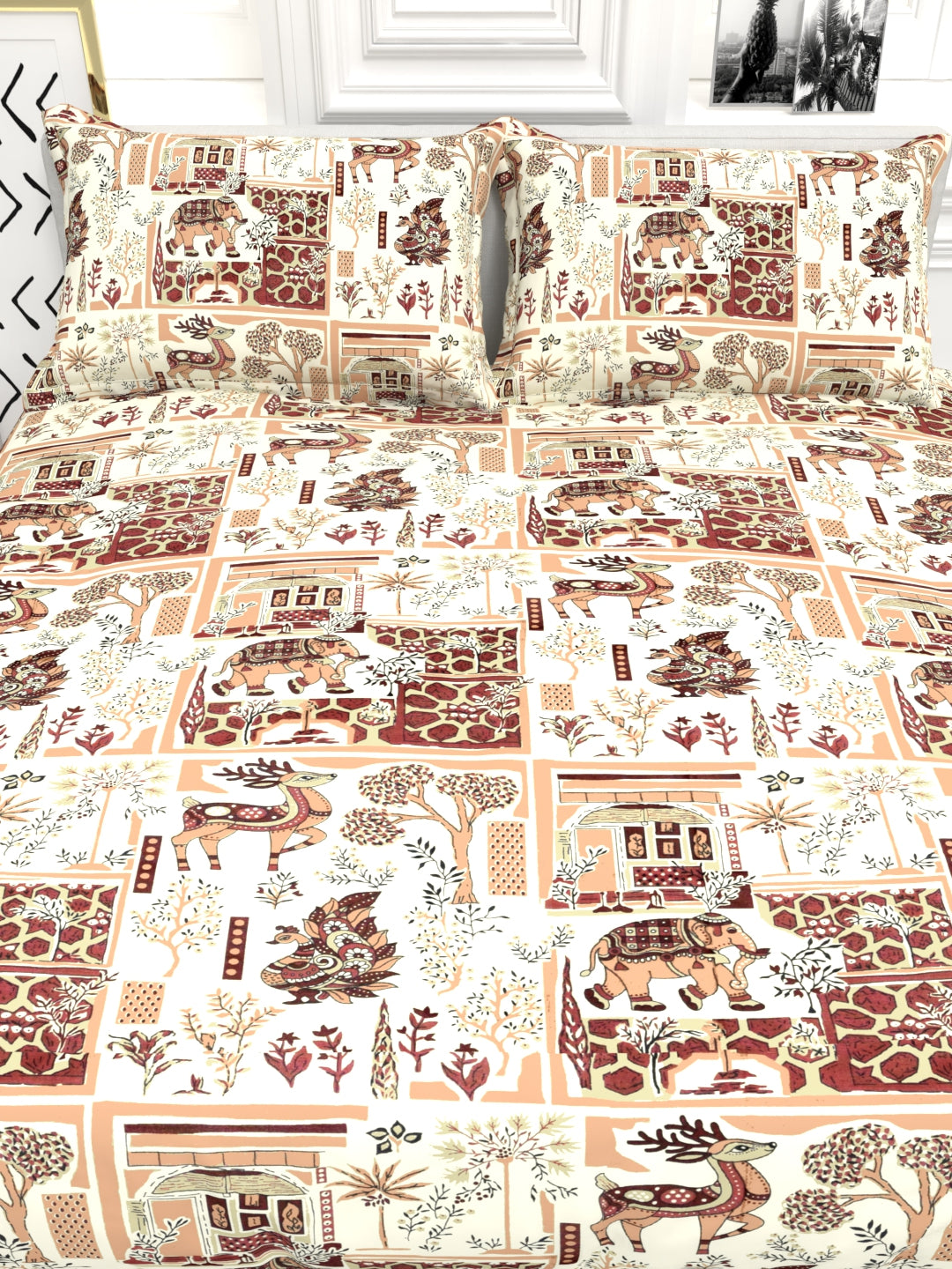 Bruno King Size Reactive Satin Bedsheet Set - Cream & rown