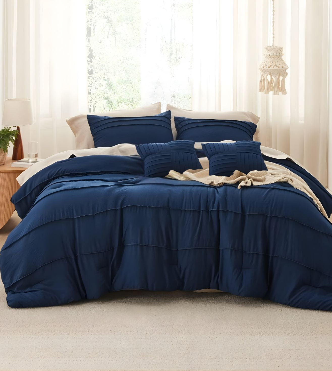 Elysium 5-Piece Hand-Pleated Comforter Ensemble (400Tc Satin) - Navy Blue