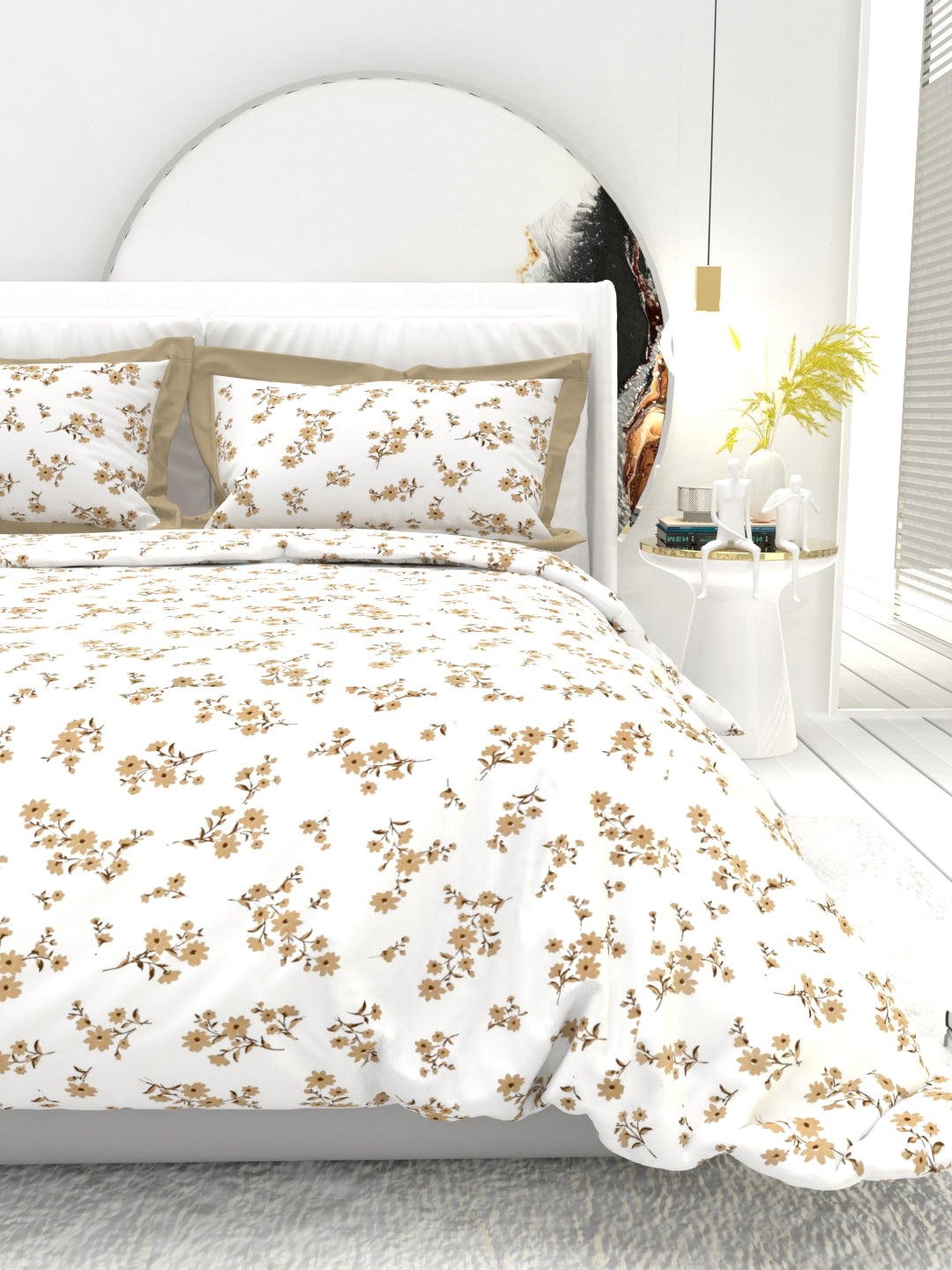 Carnation King Size Bedsheet Set with Contrast Border - White & Amber