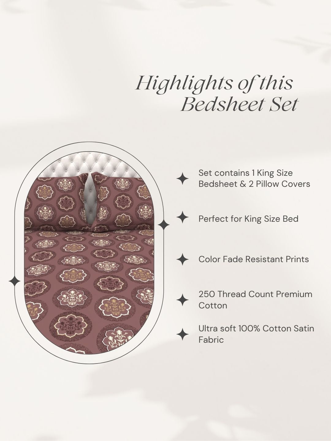 Bruno King Size Reactive Satin Bedsheet Set - Mocha Brown