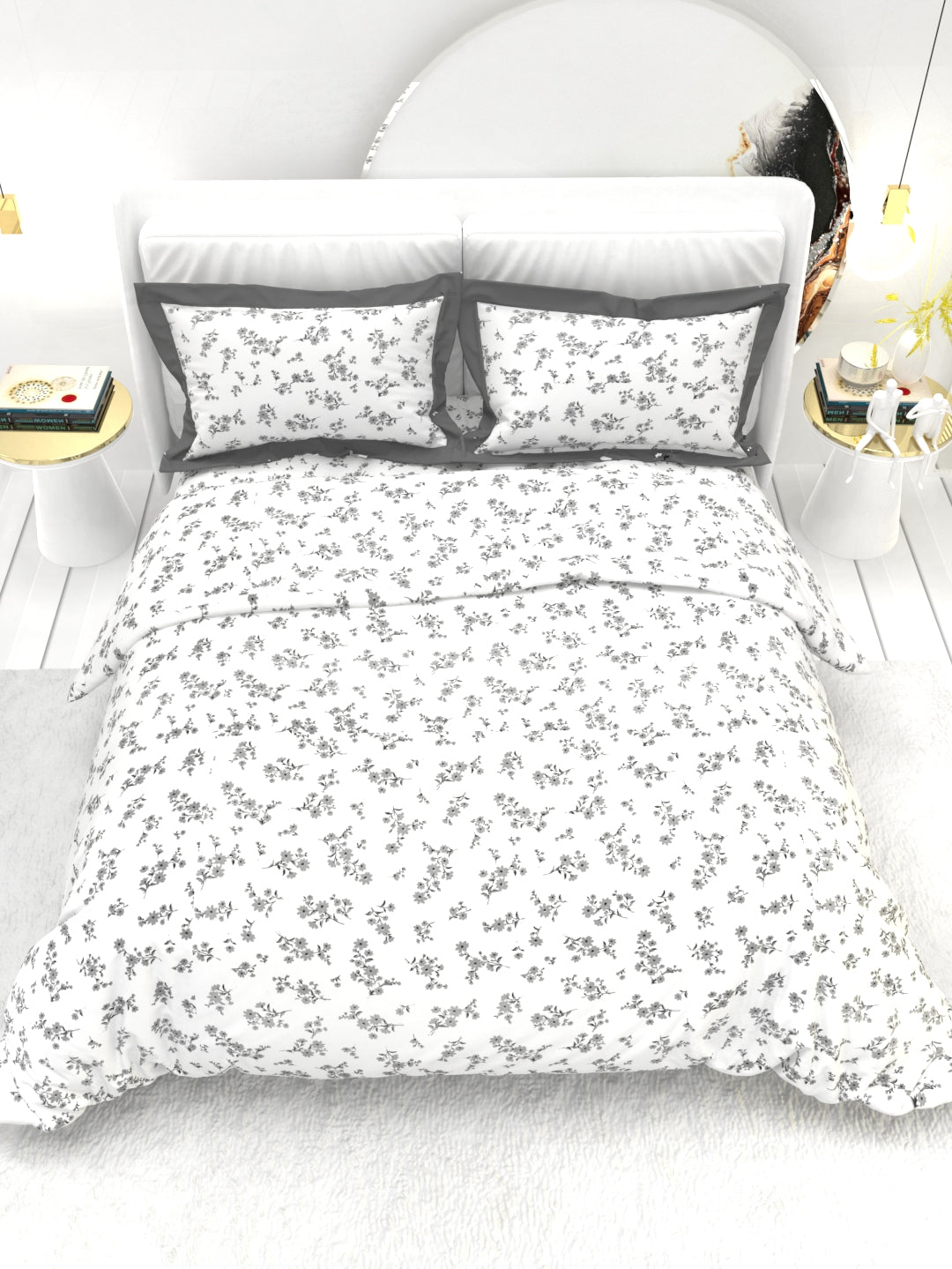 Carnation King Size Bedsheet Set with Contrast Border - White & Gray