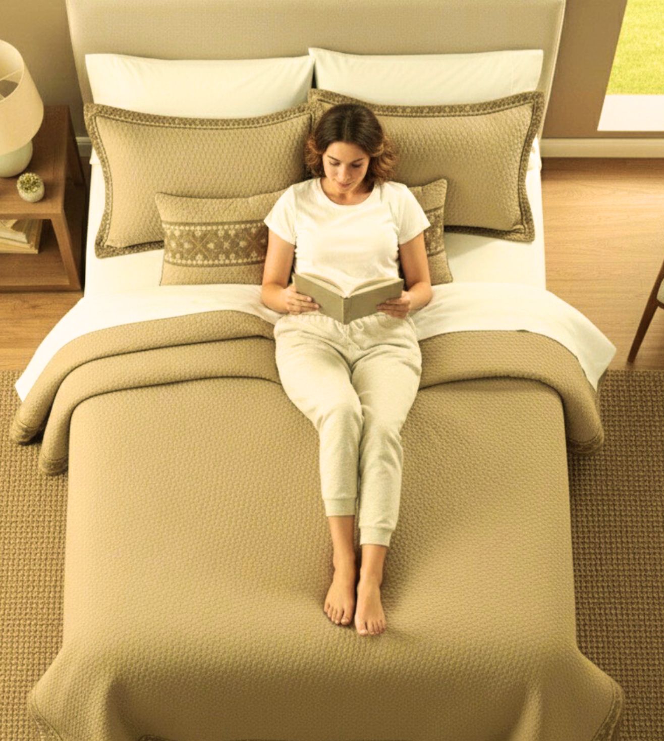 Noir 5-Piece Quilted & Embroidered Bedcover Ensemble - Camel