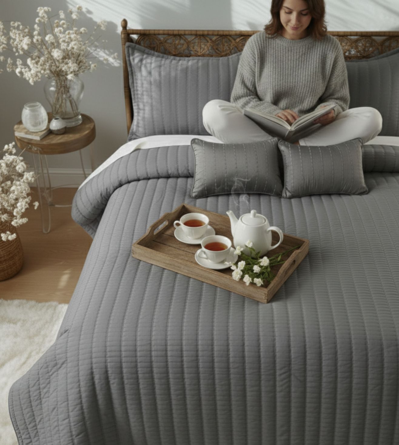 Luna 5-Piece Quilted & Embroidered Bedcover Ensemble - Grey