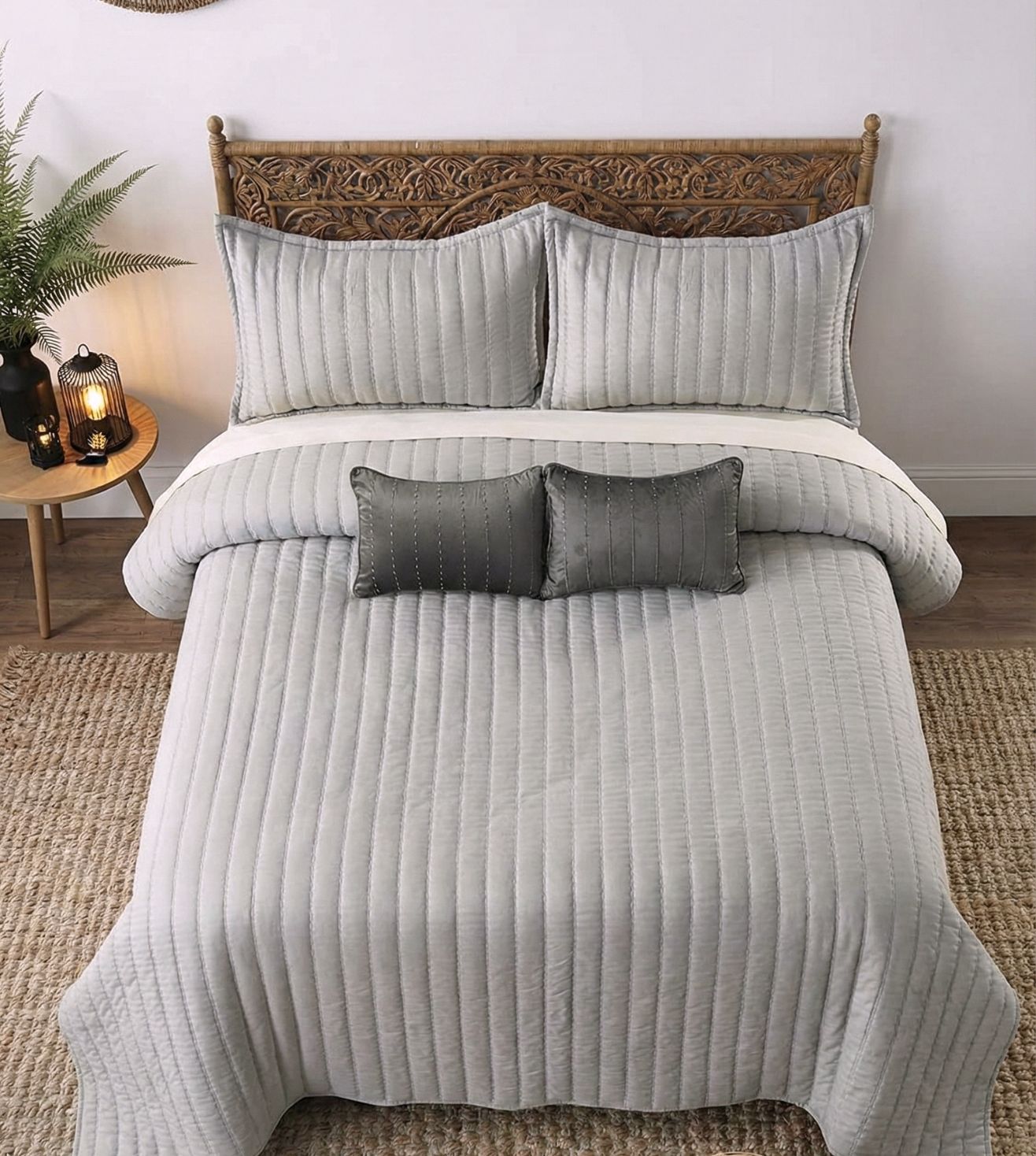 Luna 5-Piece Quilted & Embroidered Bedcover Ensemble - Silver Grey