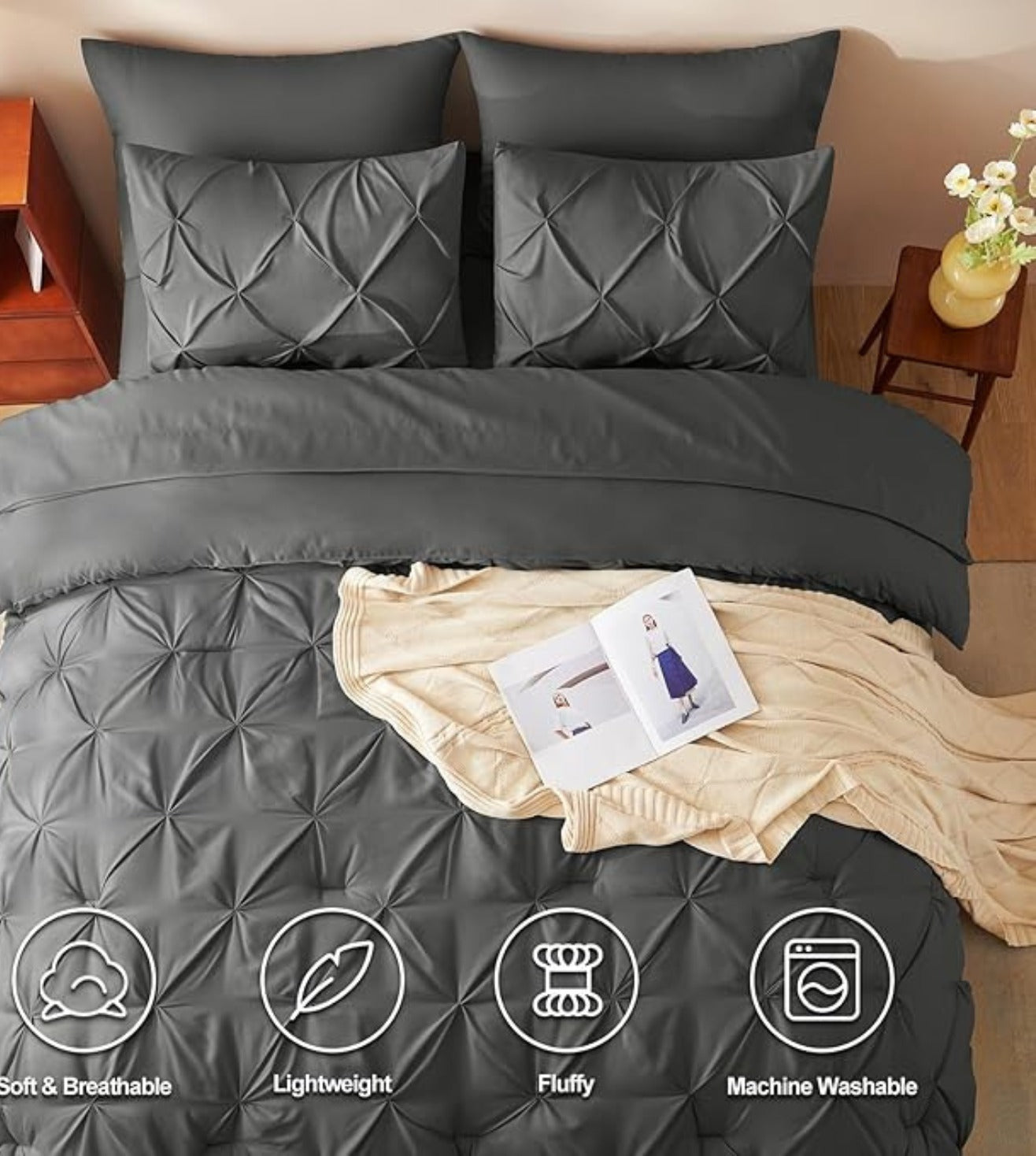 Dune Hand-Crafted Pin Tuck Comforter Set (400Tc Satin) - Gray