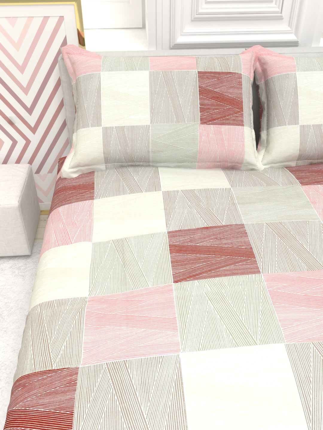 Orchid King Size Percale Bedsheet Set - Beige & Pink