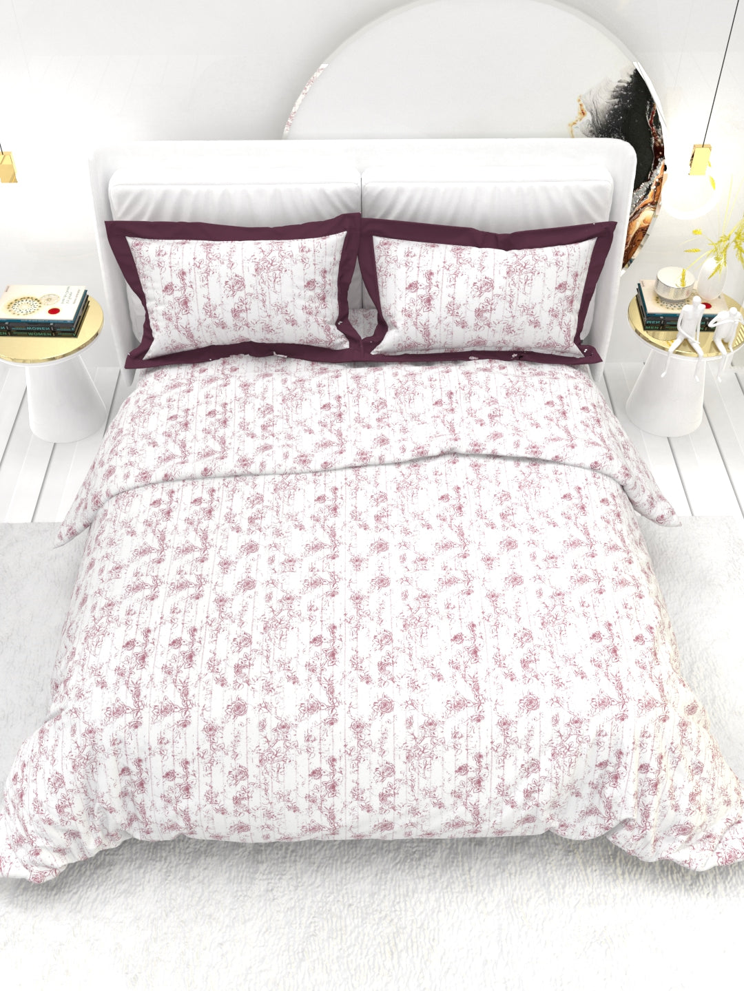 Carnation King Size Bedsheet Set with Contrast Border - White & Dark Pink