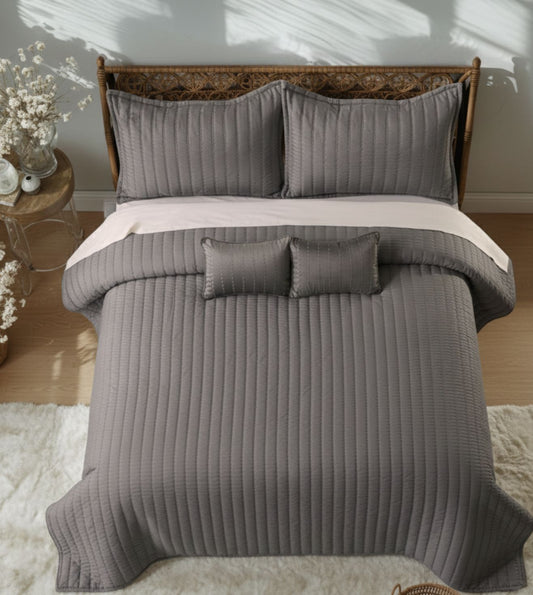 Luna 5-Piece Quilted & Embroidered Bedcover Ensemble - Amethyst Smoke
