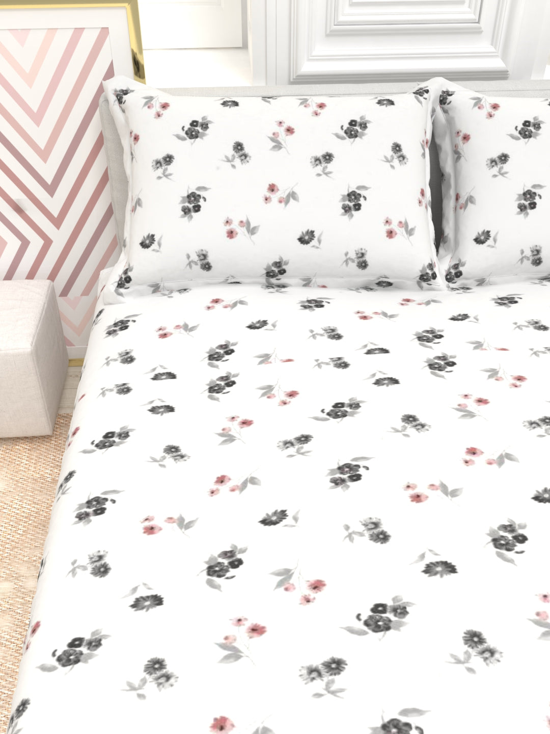 Orchid King Size Percale Bedsheet Set - White & Gray