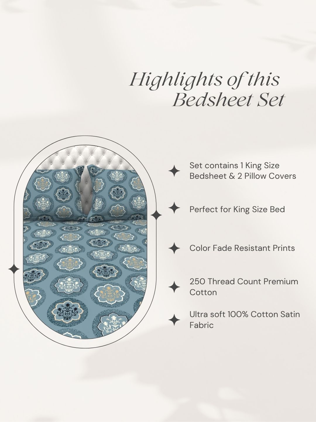 Bruno King Size Reactive Satin Bedsheet Set - Blue