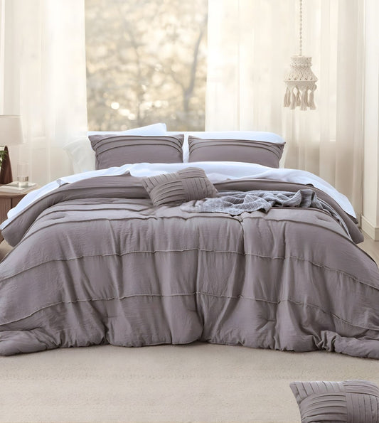 Elysium 5-Piece Hand-Pleated Comforter Ensemble (400Tc Satin) - Stone
