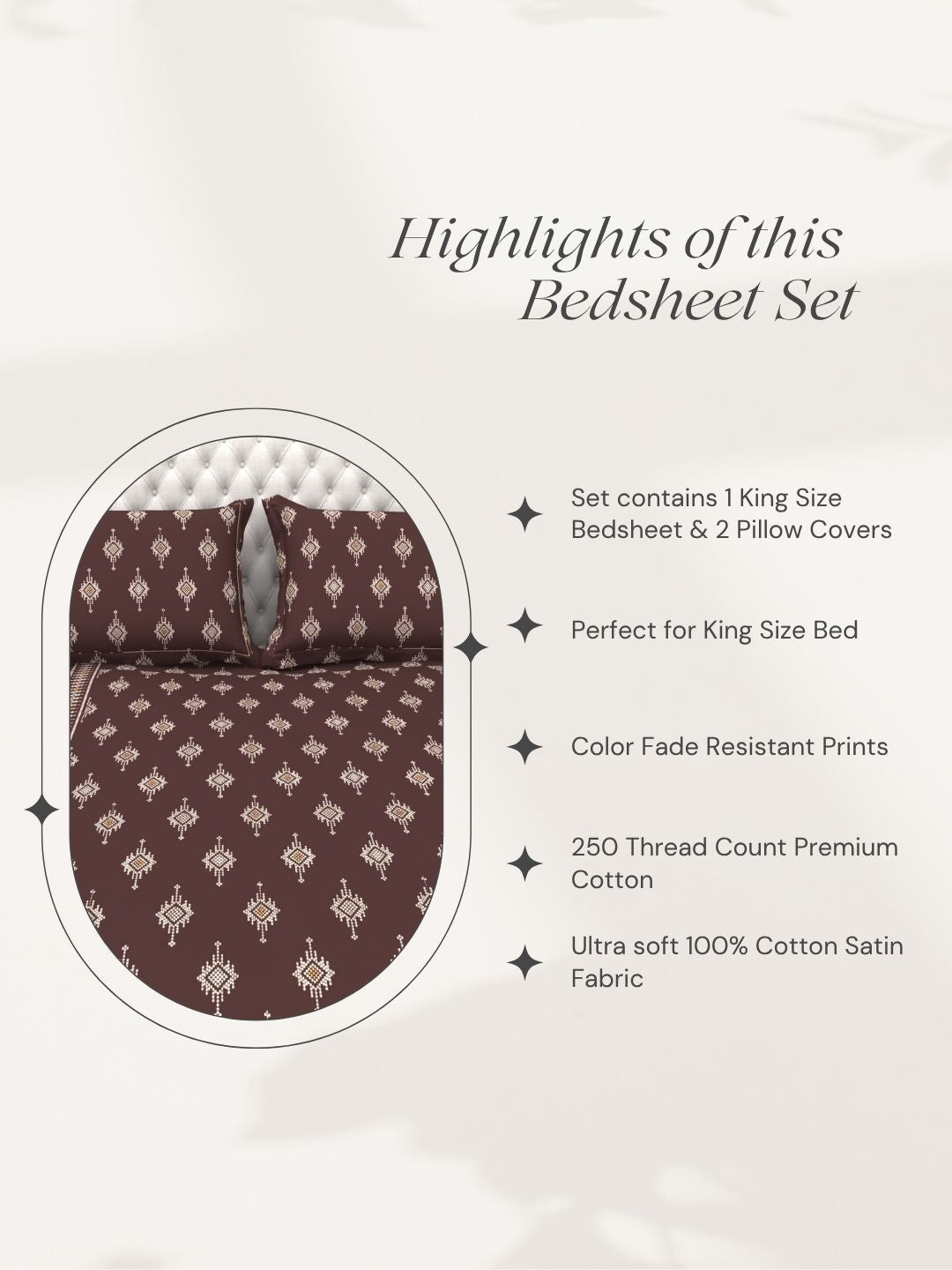 Bruno King Size Reactive Satin Bedsheet Set - Brown