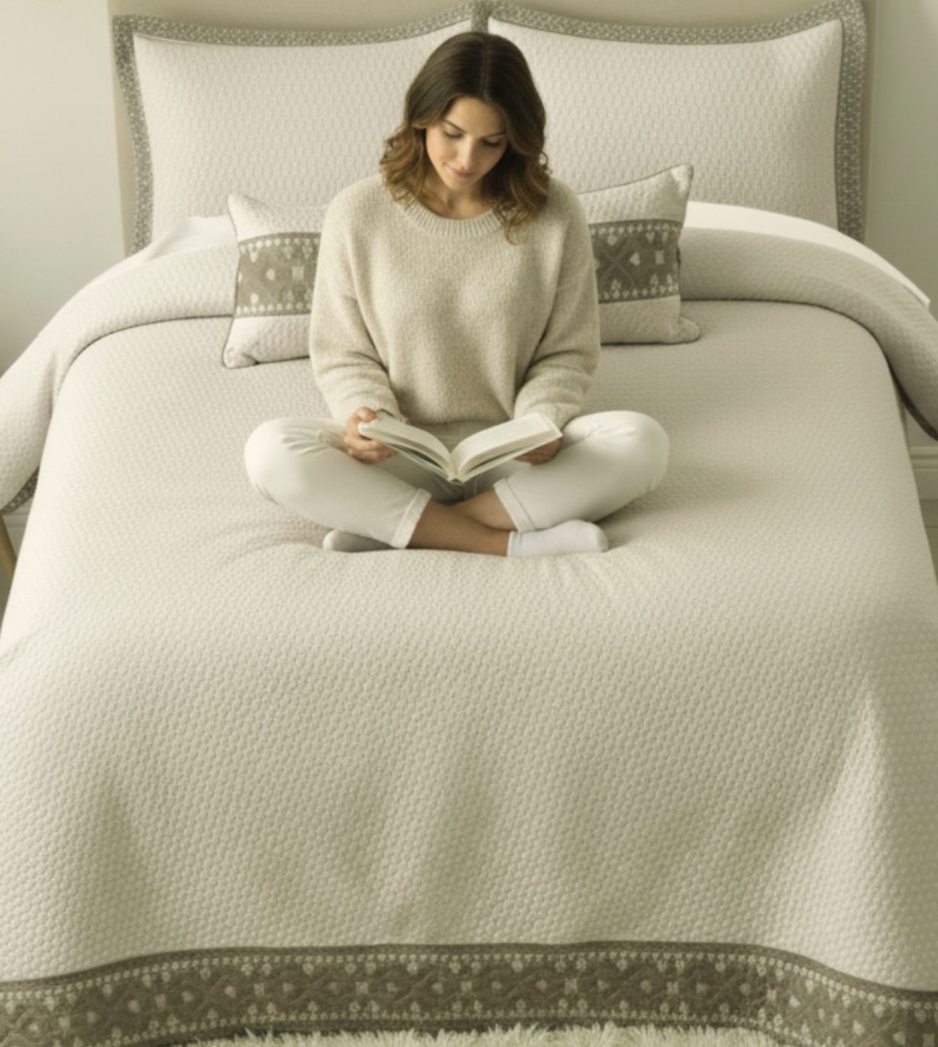 Noir 5-Piece Quilted & Embroidered Bedcover Ensemble - Beige