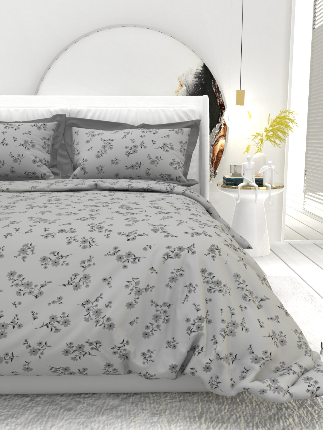 Carnation King Size Bedsheet Set with Contrast Border - Gray