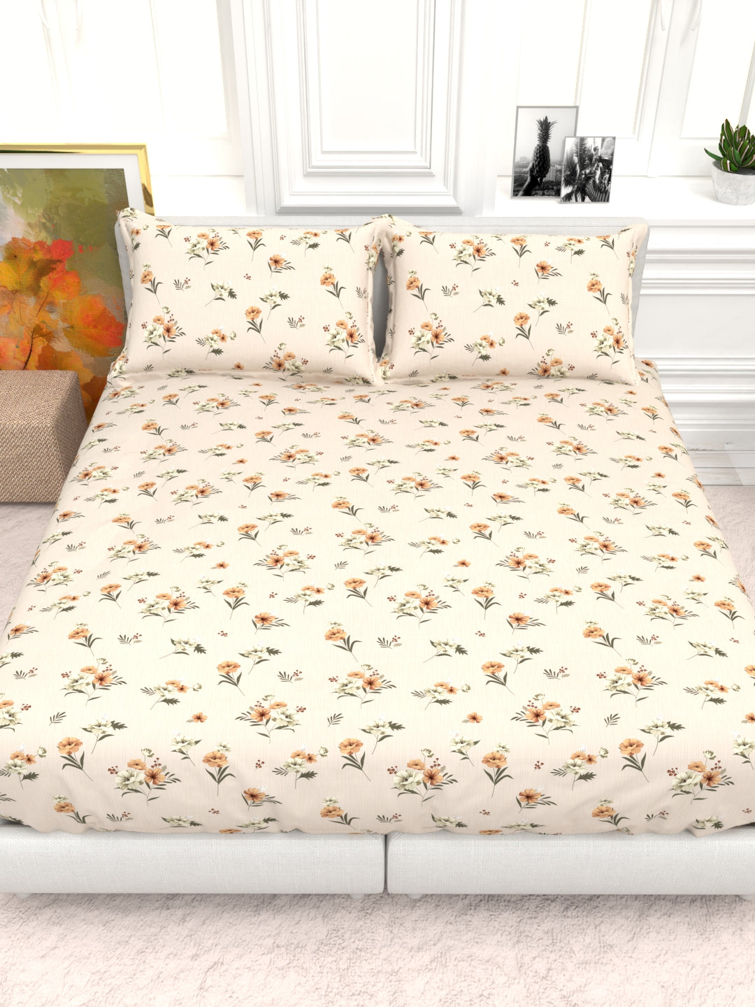 Cider Double Bed Micro-Cotton Sheet Set - Sand & Coral