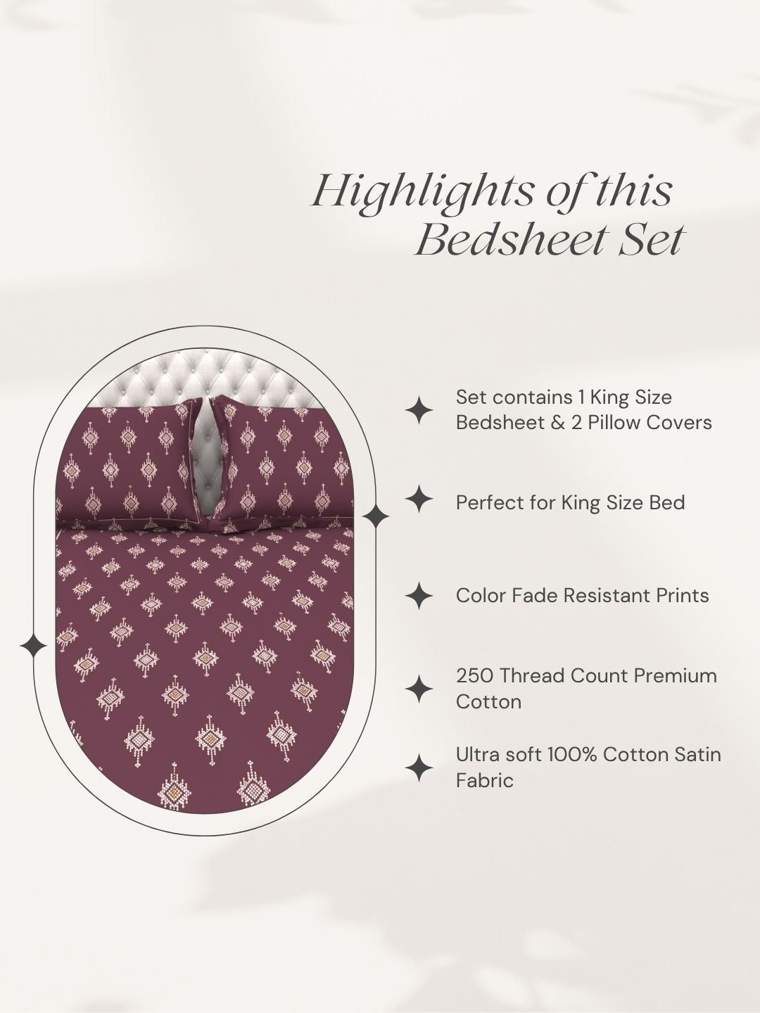 Bruno King Size Reactive Satin Bedsheet Set - Wine
