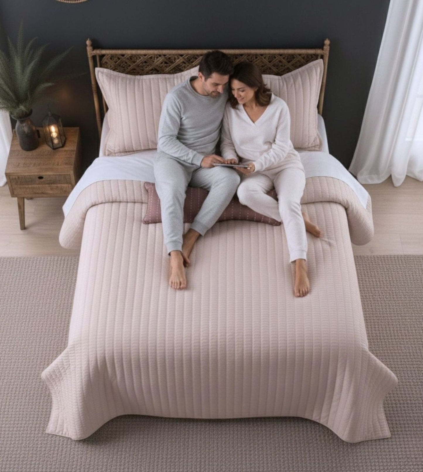 Luna 5-Piece Quilted & Embroidered Bedcover Ensemble - Dusky Pink