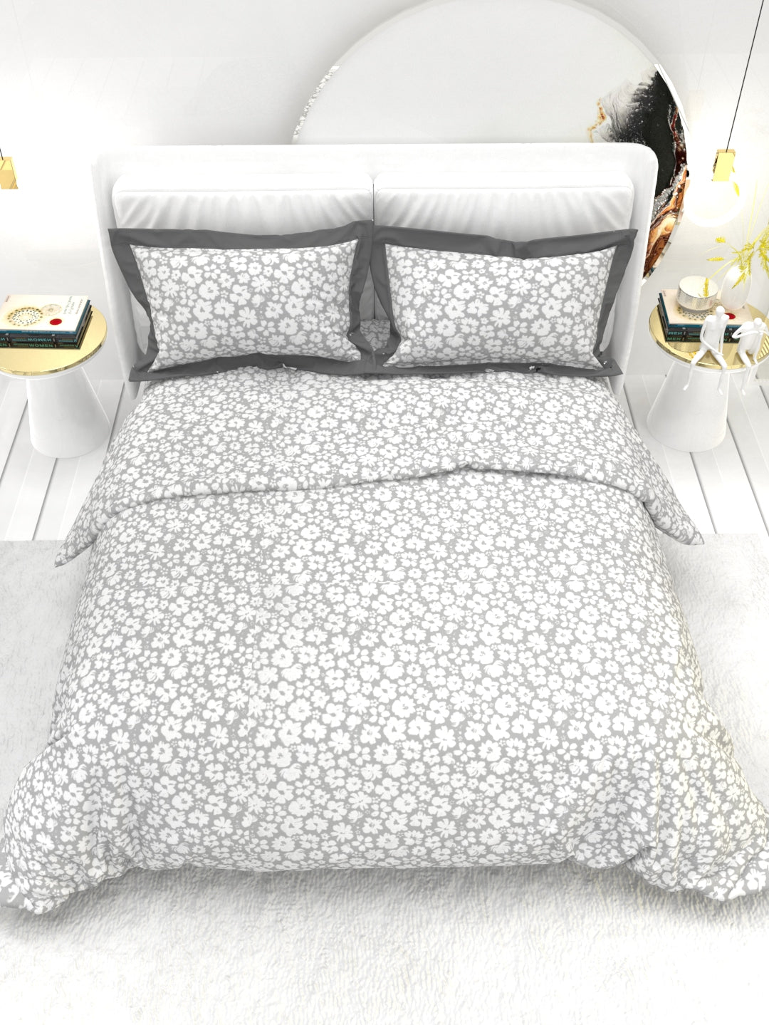 Carnation King Size Bedsheet Set with Contrast Border - Gray
