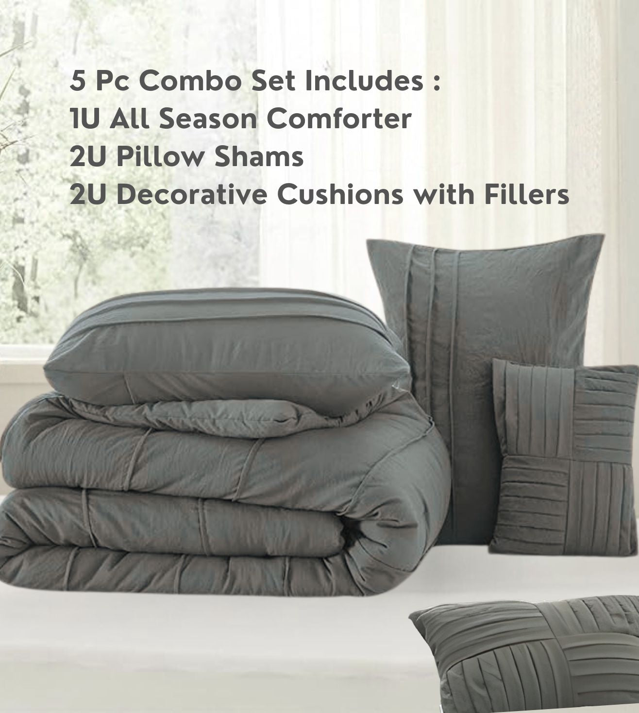Elysium 5-Piece Hand-Pleated Comforter Ensemble (400Tc Satin) - Charcoal Gray