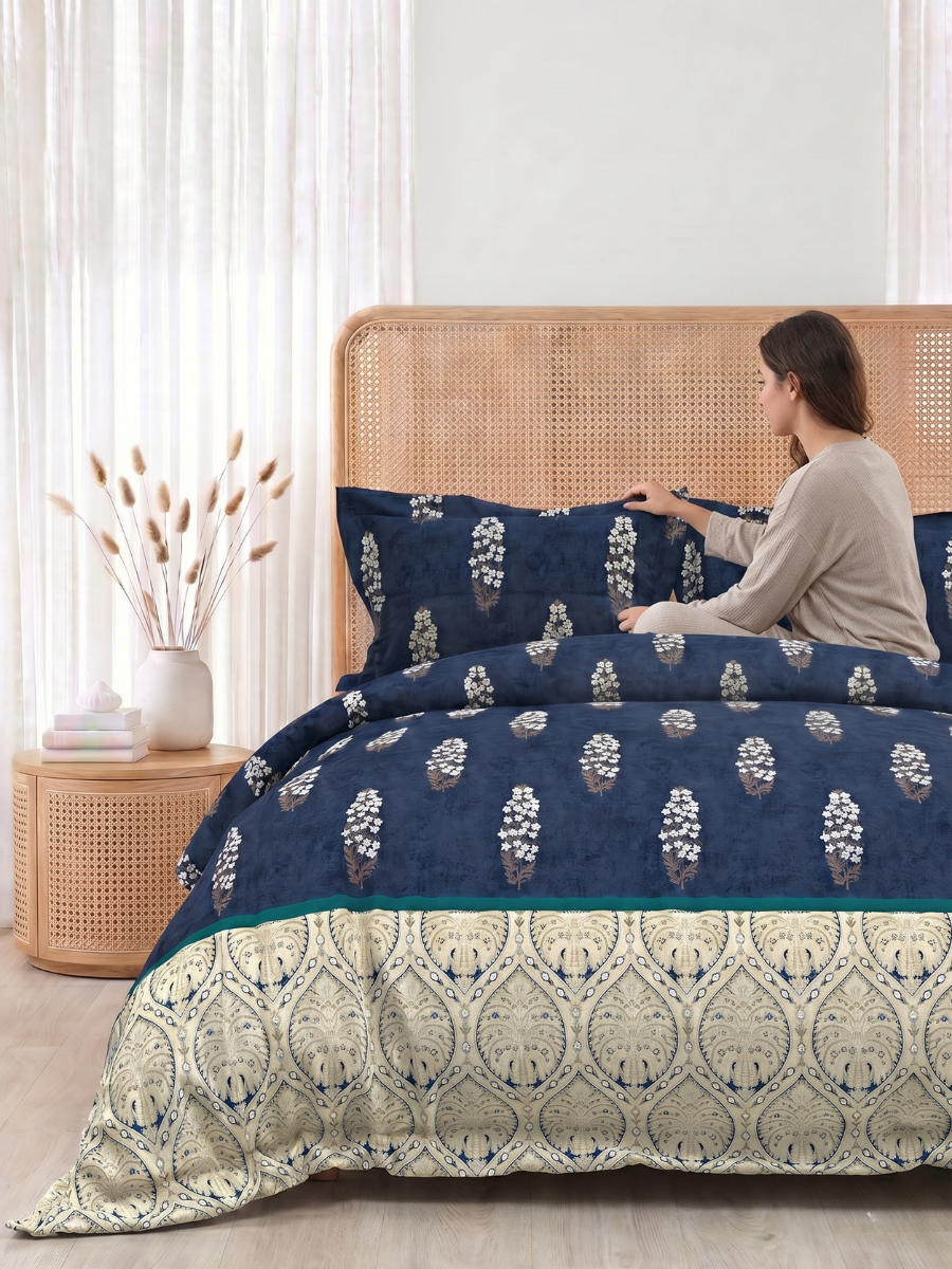 Bruno King Size Reactive Satin Bedsheet Set - Navy Blue