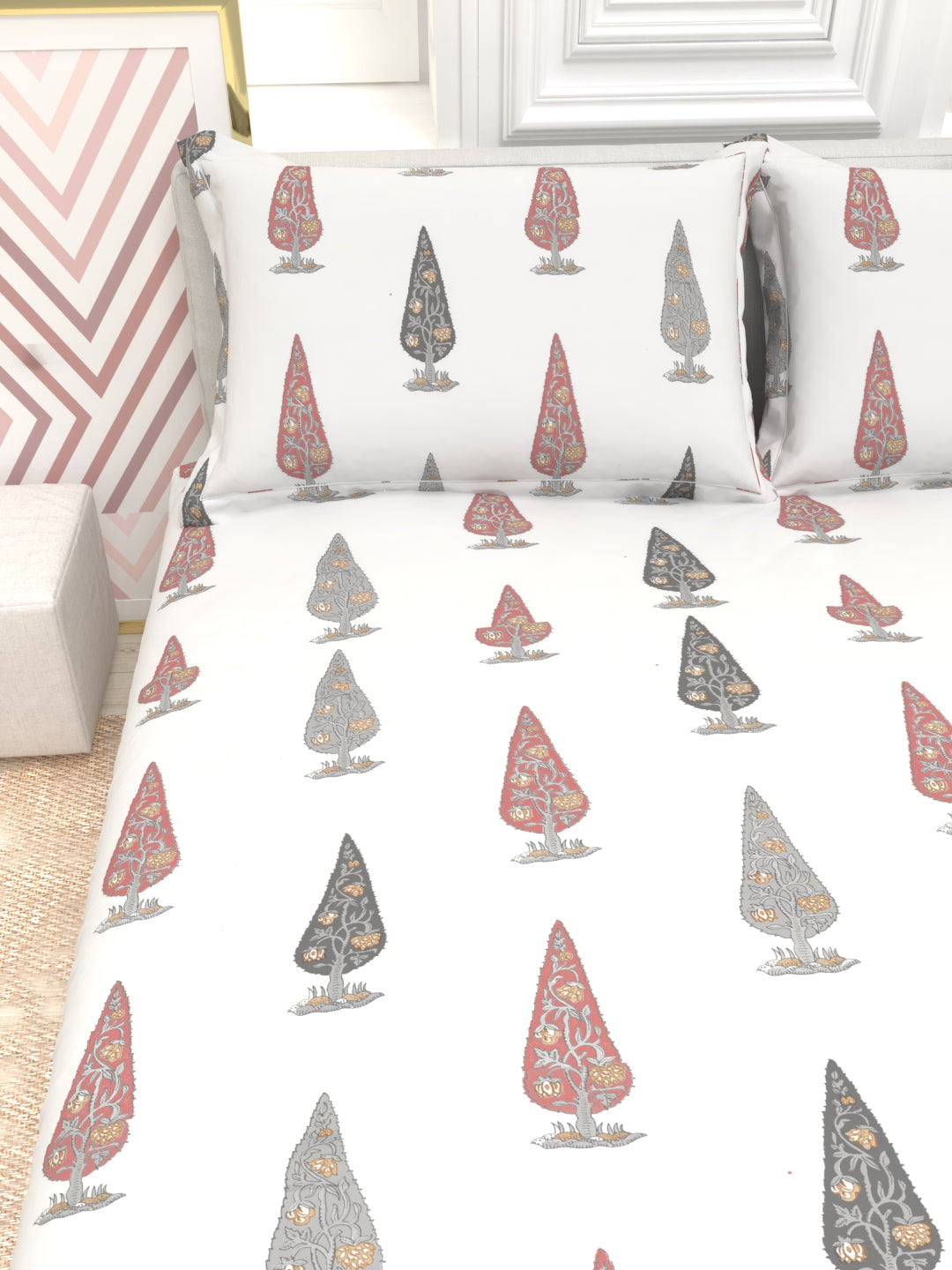 Orchid King Size Percale Bedsheet Set - Wjite & Pink