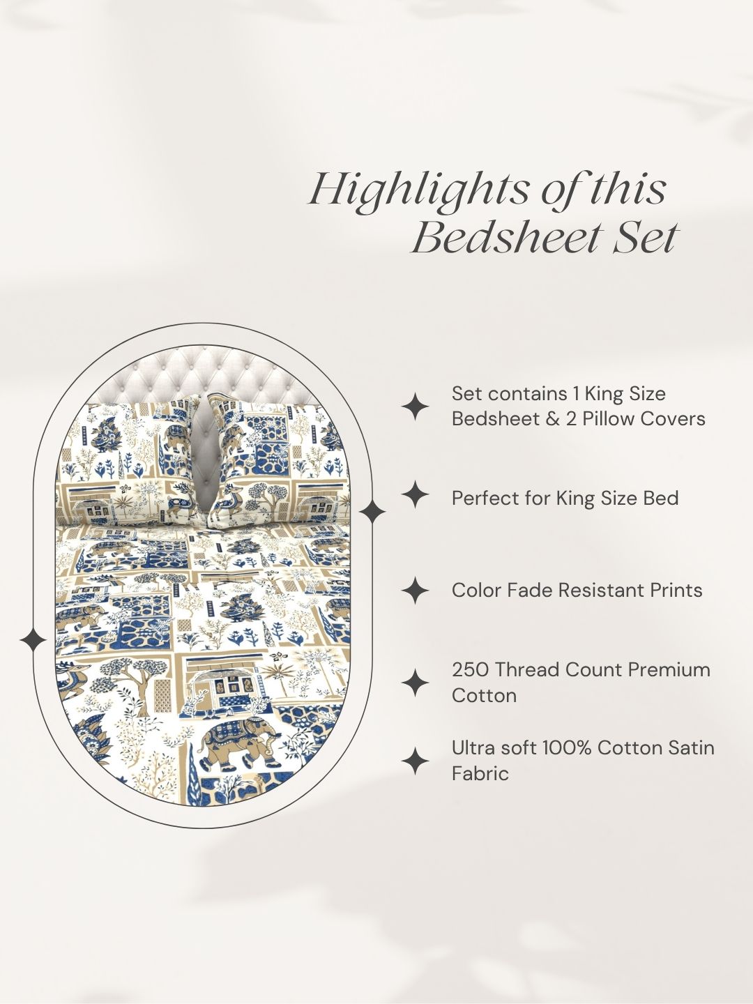 Bruno King Size Reactive Satin Bedsheet Set - Cream & Blue
