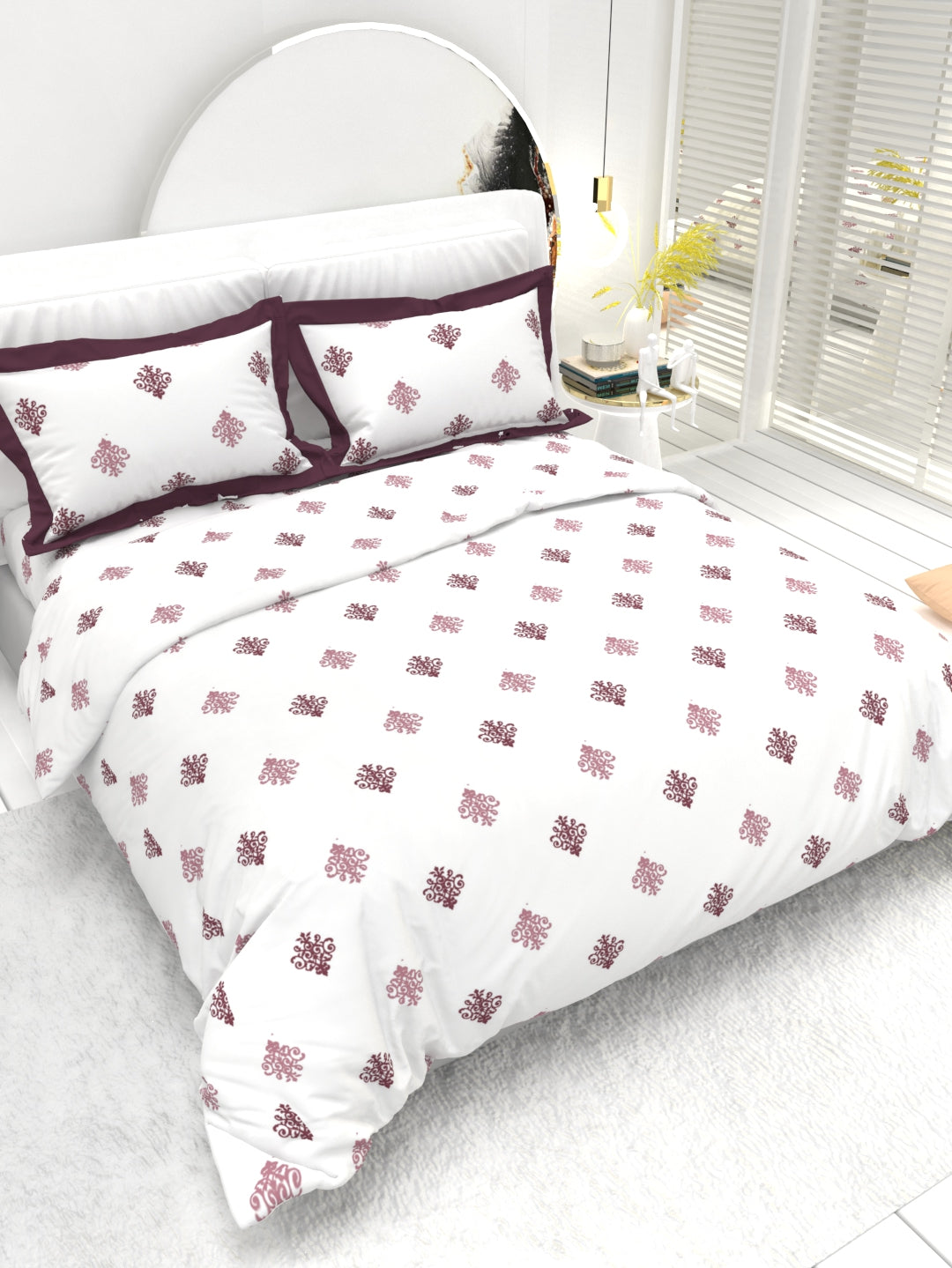 Carnation King Size Bedsheet Set with Contrast Border - White & Wine