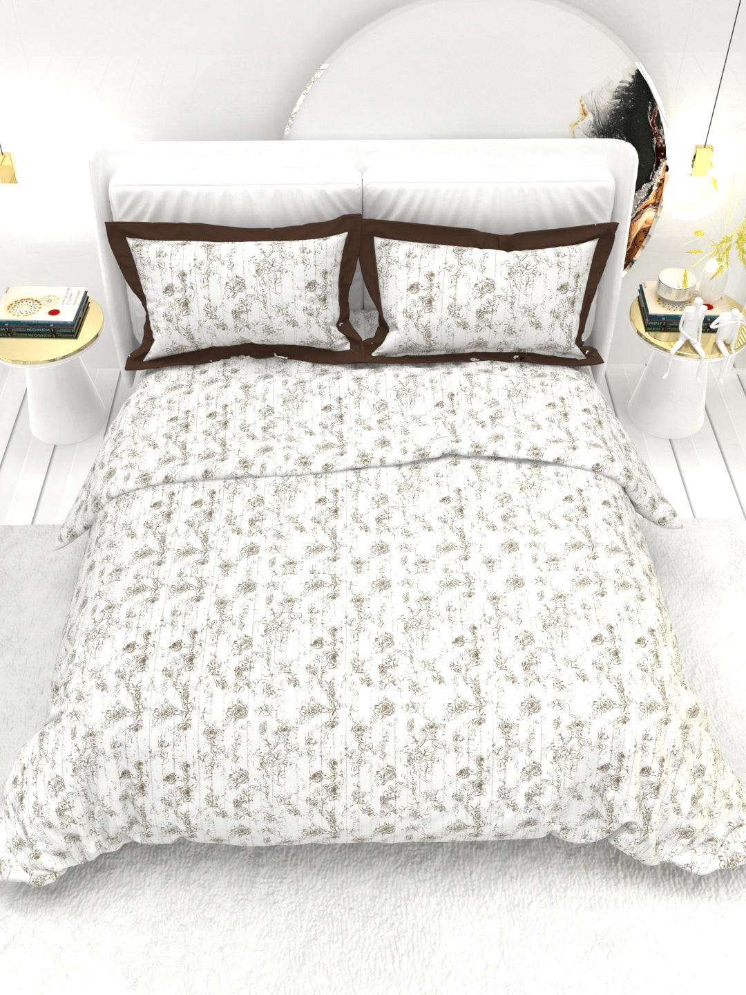 Carnation King Size Bedsheet Set with Contrast Border - White  & Brown