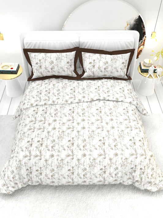 Carnation King Size Bedsheet Set with Contrast Border - White  & Brown