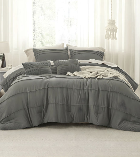 Elysium 5-Piece Hand-Pleated Comforter Ensemble (400Tc Satin) - Charcoal Gray