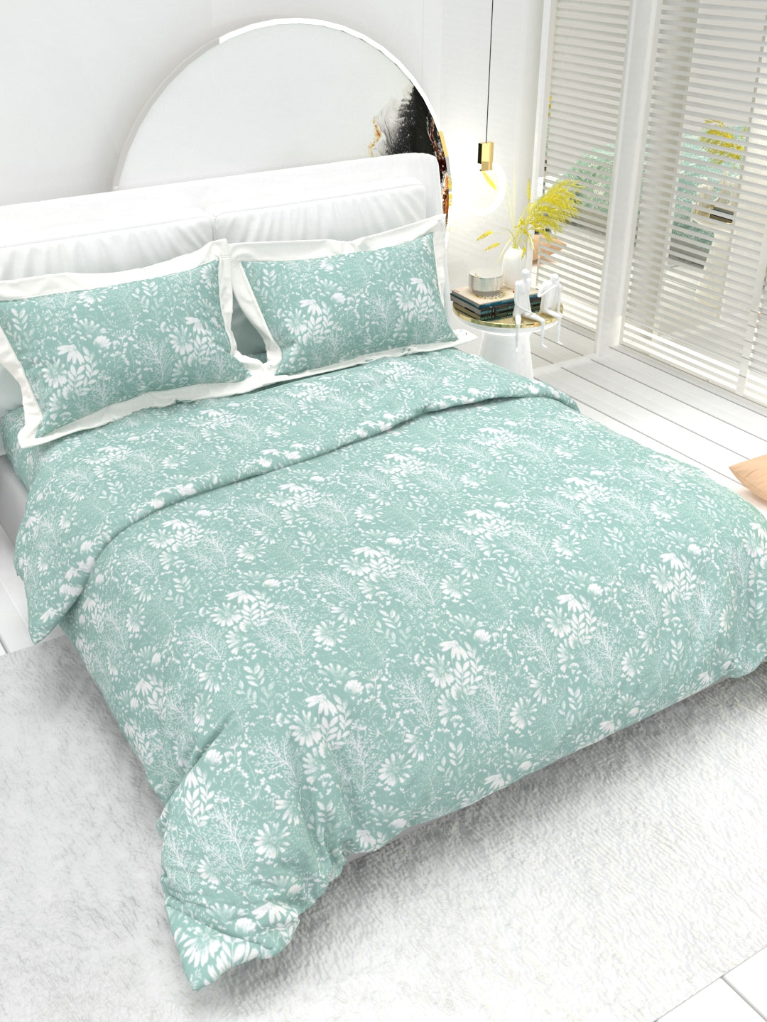 Carnation King Size Bedsheet Set with Contrast Border - Cyan