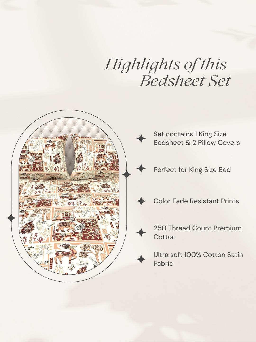 Bruno King Size Reactive Satin Bedsheet Set - Cream & rown