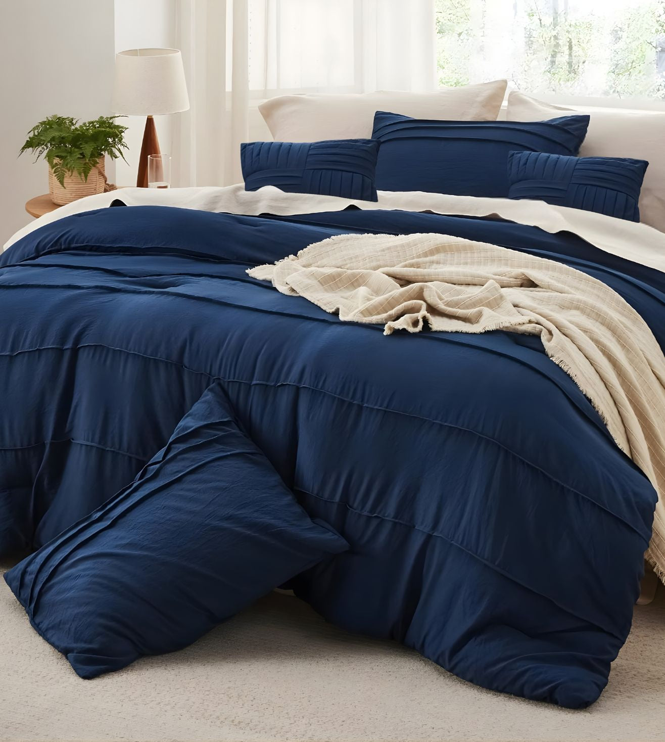Elysium 5-Piece Hand-Pleated Comforter Ensemble (400Tc Satin) - Navy Blue