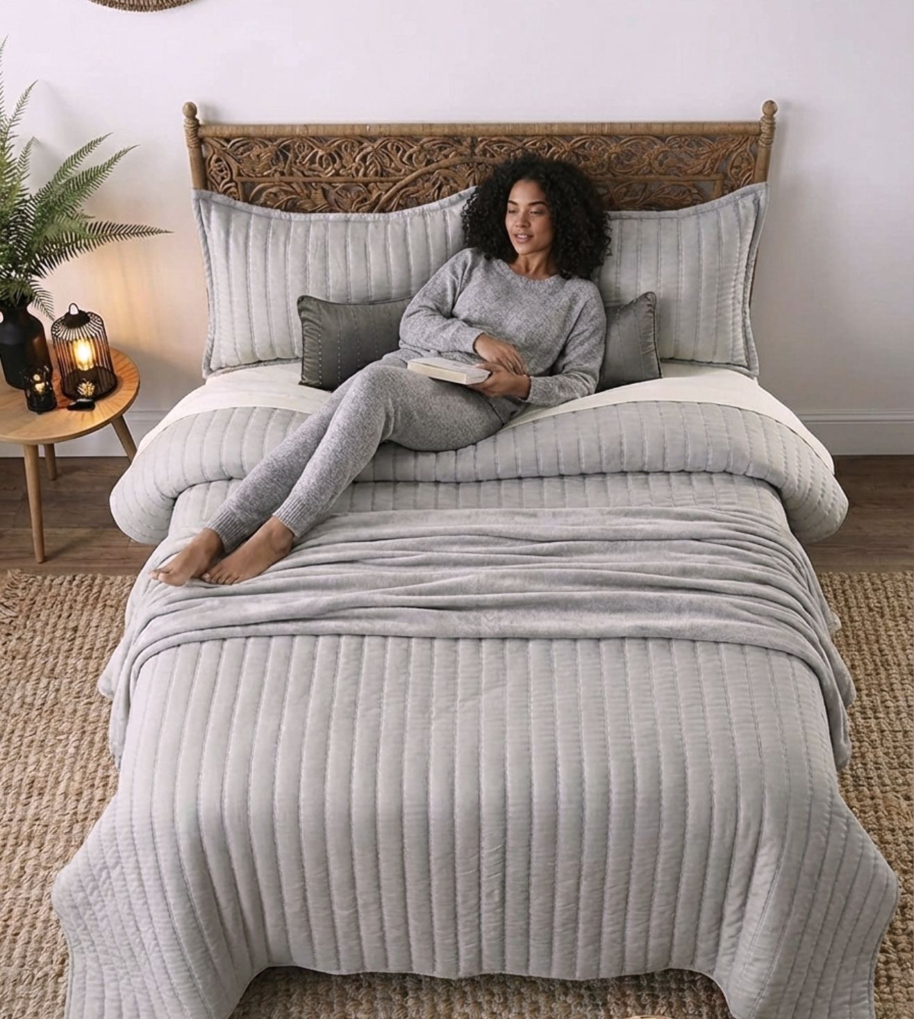 Luna 5-Piece Quilted & Embroidered Bedcover Ensemble - Silver Grey