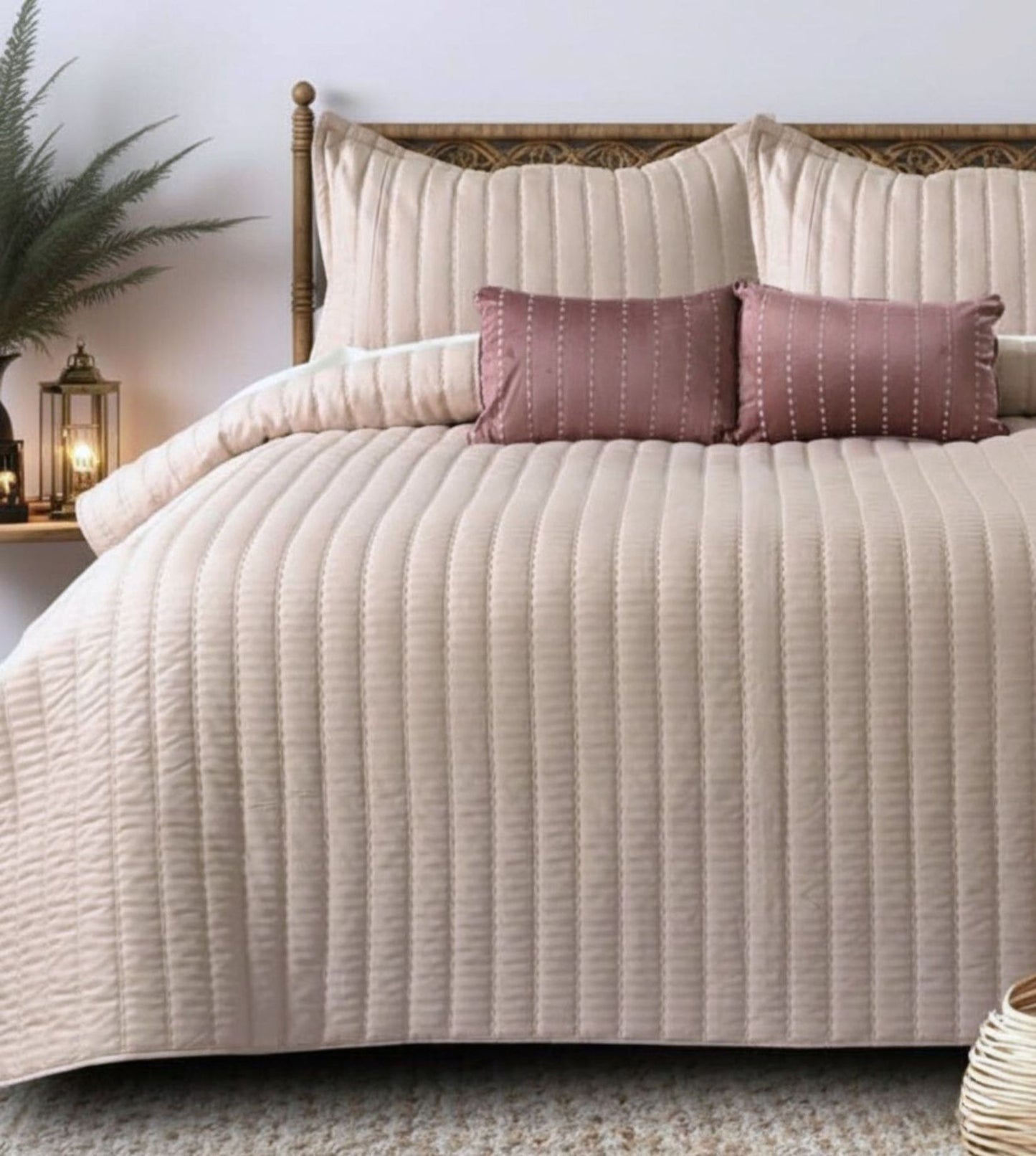 Luna 5-Piece Quilted & Embroidered Bedcover Ensemble - Dusky Pink