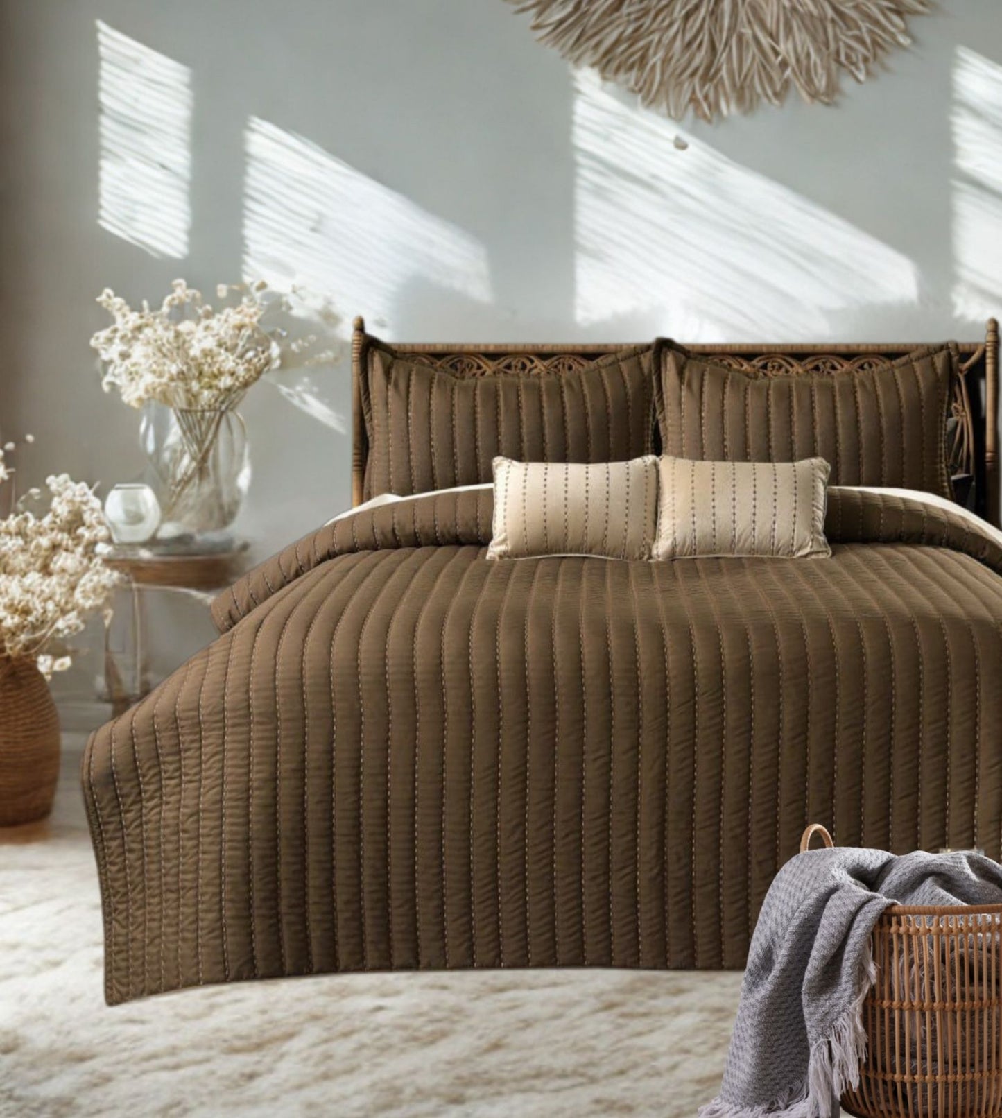 Luna 5-Piece Quilted & Embroidered Bedcover Ensemble - Chocolate Brown