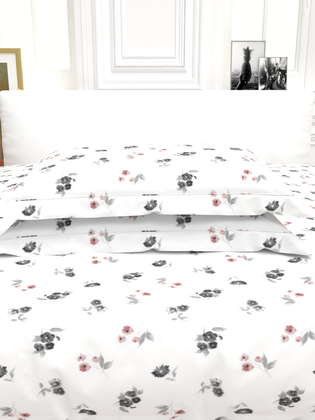 Orchid King Size Percale Bedsheet Set - White & Gray