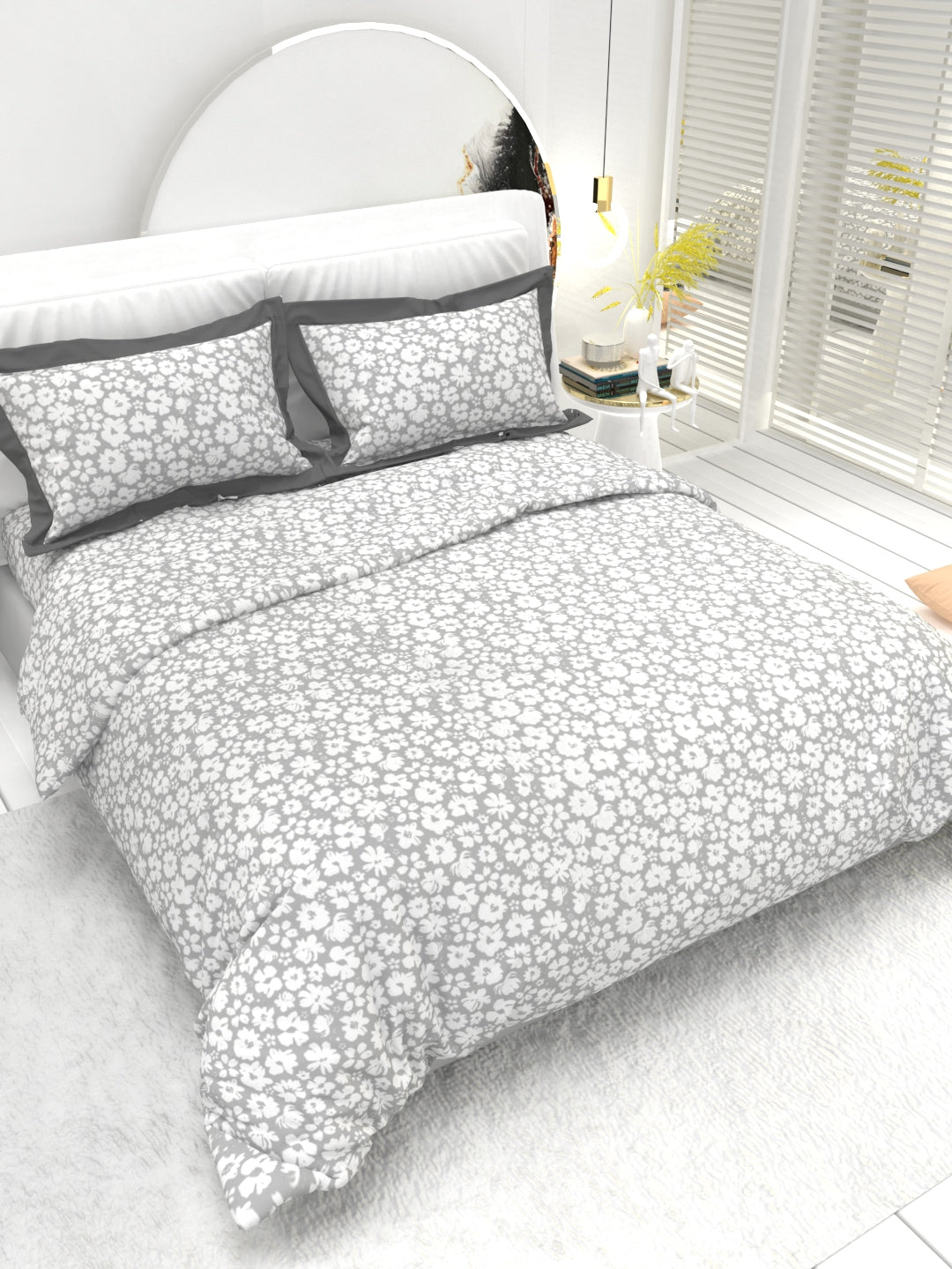 Carnation King Size Bedsheet Set with Contrast Border - Gray