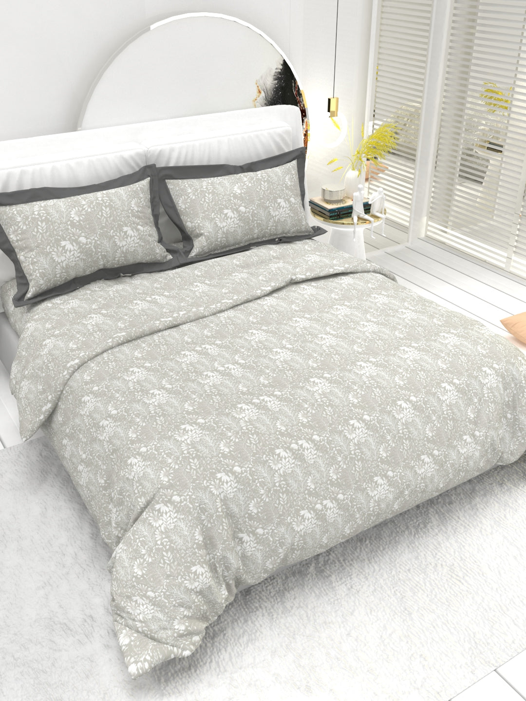 Carnation King Size Bedsheet Set with Contrast Border - Gray