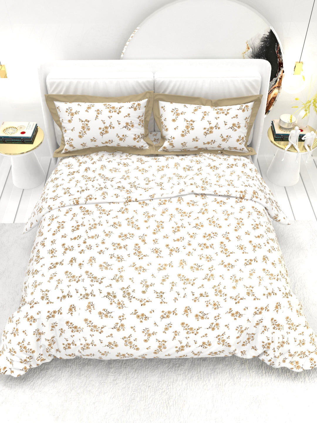 Carnation King Size Bedsheet Set with Contrast Border - White & Amber