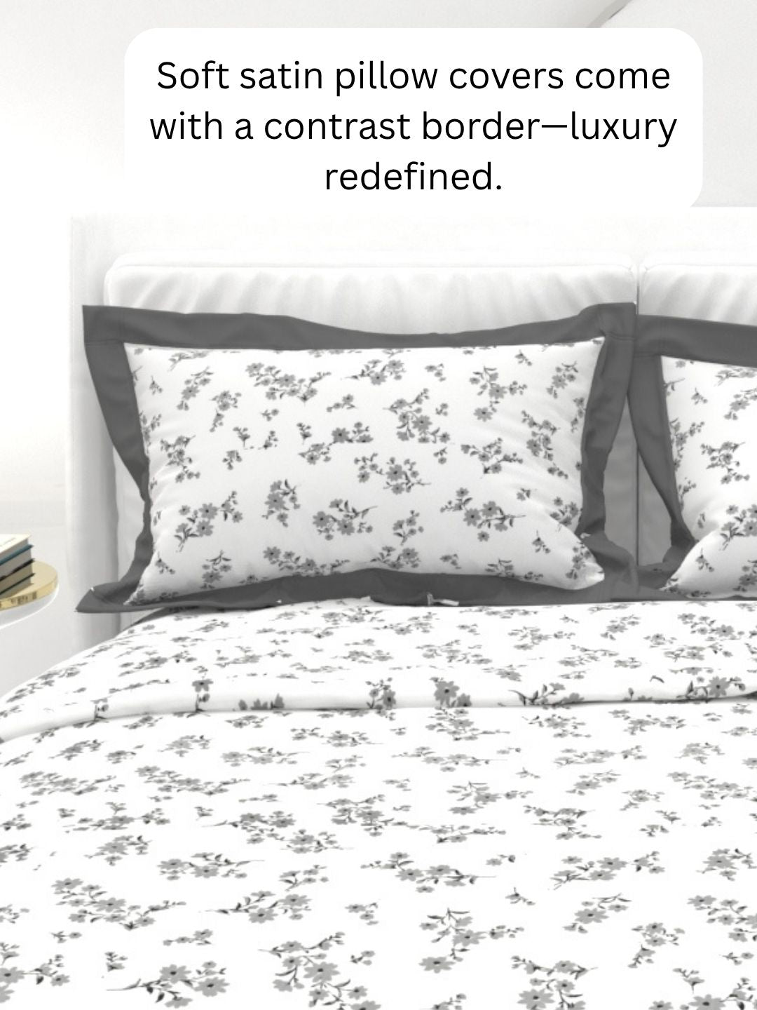 Carnation King Size Bedsheet Set with Contrast Border - White & Gray