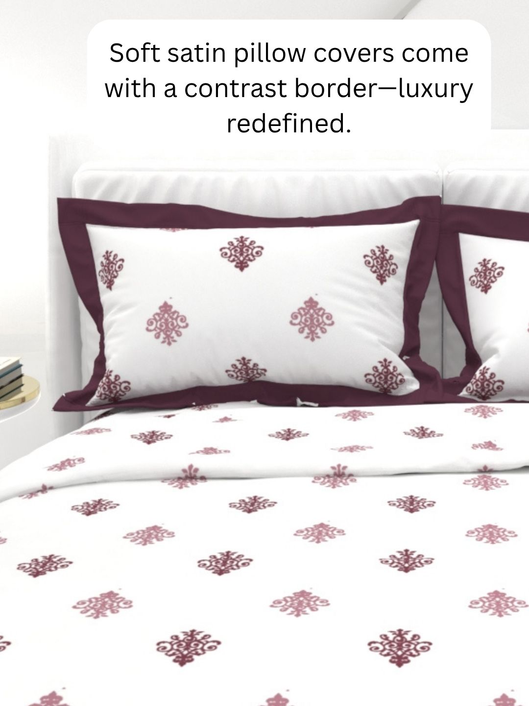 Carnation King Size Bedsheet Set with Contrast Border - White & Wine