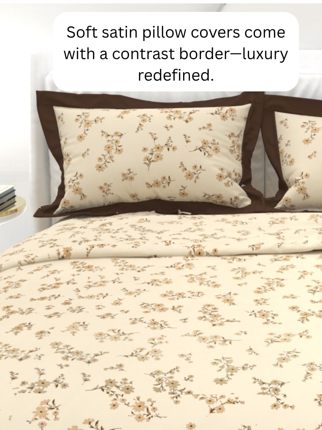 Carnation King Size Bedsheet Set with Contrast Border - Beige Brown
